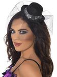 Fever Mini Top Hat On Headband with Sequin Trim and Netting - Black