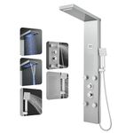 ROVOGO Shower Panel Tower System with Led Lights, Rainfall Waterfall Shower Head, Body Jets and Handheld, Stainless Steel Shower Column with Temp Display, Brushed