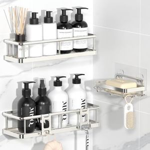 YASONIC Shower Caddy, 100% Rustproof Bathroom Shelves with Soap Holder and Hooks, Large Capacity Shower Shelf No Drilling, Wall-Mounted Adhesive Shower Storage (3 Pack Silver)