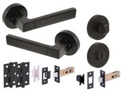 HANDLEZONE® Luxa Door Handles on Rose Bathroom Deadbolt Pack, 76mm Lock and Latch, 75mm Ball Bearing Hinges - Black Matt