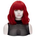 Qaccf Short Curly Women Wavy Bob Wig with Full Bang Shoulder Length Girls Bob Wig (Red)