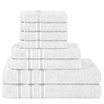 Goldstar 8 PCs Ritz Towel Bale Set 100% Cotton Satin Stripe Face Hand Bath Towel Set (White)