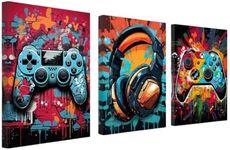 3 Pcs 16" x12'' Framed Gaming Room Decor Canvas Wall Art Video Game Art Prints , Gaming Theme Watercolor Posters Prints for Boys Kids Teen Game Room Bedroom Playroom Wall Decor (12x16inch,Colorful)