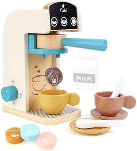 PairPear Kids Wooden Toys Coffee Maker Toy Espresso Machine Playset - Toddler Play Kitchen Accessories Gift for Girls and Boys