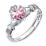 925 Sterling Silver Irish Claddagh Heart Promise Ring, Created Pink October Birthstone Delicate Thin Adjustable Engagement Wedding Ring for Her Women Ladies