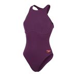 Speedo Women's Racer Zip Swimsuit with Integrated Swim Bra | Swim Fitness | Soft Feel | Premium Swimwear, Plum Dandy/Siren Red, 42/18