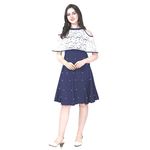 Girls' A-Line Knee Length Dress (Girls Flare midi Blue 12-13 yr_Blue & White_12-13 Years)