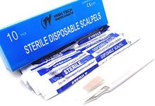 Pack of 10 Disposable Scalpels #11, High Carbon Steel Blades, Sterile Individually Foil Wrapped, Plastic Handle (HTI BRAND)