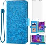 Compatible with Samsung Galaxy Note 4 Wallet Case Tempered Glass Screen Protector Card Holder Leather Flip Cell Accessories Phone Cover for Glaxay Note4 Gaxaly N910A Not Notes Four Women Men Blue