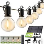 Brightown Solar String Lights Outdoor 58FT(48+10) with Remote Cable Ties and Hooks, G40 Patio Lights with 25 LED Shatterproof E12 Bulbs, 4 Light Modes, Dimmable Hanging Lights for Backyard Party Decor
