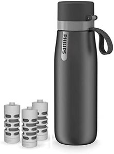 PHILIPS Insulated Stainless Steel Filtered Water Bottle with 3 Philips GoZero Everyday Tap Water Filters BPA Free Transform Tap Water into Healthy Tastier Water Keep Drink Hot/Cold, 18.6 oz, Grey