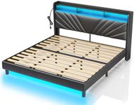 Rolanstar King Size Bed Frame, Storage Headboard with Charging Station and LED Lights, Upholstered Bed with Heavy Duty Wood Slats, No Box Spring Needed, Noise Free, Easy Assembly, Black