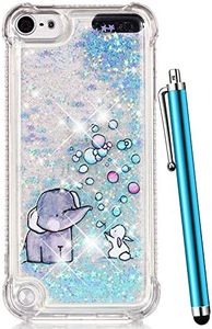 iPod Touch 6 Case,iPod Touch 5 Case Glitter,CAIYUNL Liquid Bling Sparkle Clear Cute TPU Kids Girls Protective Cover Shockproof for Apple iPod Touch 6th Generation/iPod Touch 5th (Blue Elephant)