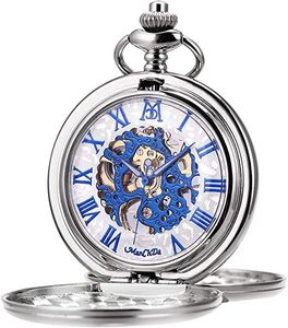 ManChDa Reloj de Bolsillo para Hombres con Cadena Relojes de Bolsillo Mecánicos Grabado Steampunk Esqueleto Números Romanos Cuerda Manual Reloj de Bolsillo para Hombres Plata