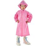 Firmed String Kids Long-Length Raincoat Of Pvc Material Transparent Waterproof Reuseable Rainwear With Pockets, Adjustable Hood And Carrying Pouch (Pink) |2Years-3Years|