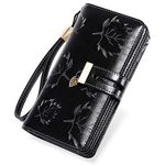 HUANLANG Large Womens Wallet Leather Vintage RFID Blocking Ladies Credit Card Clutch Wallets for Women with Wrist Strap (Leaf Black)