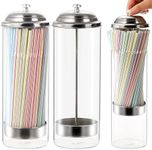 ZEAYEA 2 Pack Glass Straw Dispensers, Clear Straw Holder with Stainless Steel Lid, Drinking Straw Organizer Containers for Store, Restaurant, Bar, Home Kitchen, Countertop