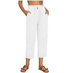 AMhomely Wide Legs Trousers for Women UK Summer Pants Drawstring Cropped Trousers with Pocket Capris Trousers Plus Size Casual Pants High Waist Straight Legs Trousers Ladies Leisure Pants White XXL