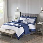 Madison Park Heritage Comforter Quilt Combo Set - Modern Luxury Design, All Season Down Alternative Bedding, Matching Shams, Decorative Pillows, Full/Queen(90"x90"), Color Block Navy 8 Piece