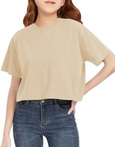 CharmWM Girls Summer Short Sleeve Crop Tops Kids Fashion Oversized Crew Neck Cropped T Shirts Casual Loose Fit Basic Tees Size 5-14 Years Khaki