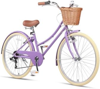 Glerc 26 Inch Beach Cruiser Bike, 6-Speed Hybrid City Bicycle for Girls Youth and Over 6 Years Old, Missy Bike with Wicker Basket & Lightweight, Purple