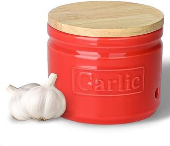 LEETOYI Ceramic Garlic Keeper with Wooden Lid, 4.1 Inch Garlic Holder for Countertop, Ventilated Garlic Pot for Kitchen, Garlic Saver to Keep Your Garlic Cloves Fresh Longer (Red)