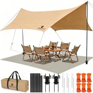 Camping Tarp with Poles & Retainer, 14.5x11FT PU9000mm Waterproof 210D Oxford Cloth Camping Awning, UV Blocking Rate 99.99% Camping Canopy Tent Tarp for Outdoor, Hammock, Car, Picnic (Khaki)