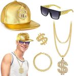 Hip Hop Costume Kit for Women Men, 80s/90s Chunky Rapper Gangster Accessories Set Fancy Dress with Baseball Cap Hat Dollar Necklace Sunglasses Gold Bracelet Ring Outfits for Disco Theme Dress Up Party