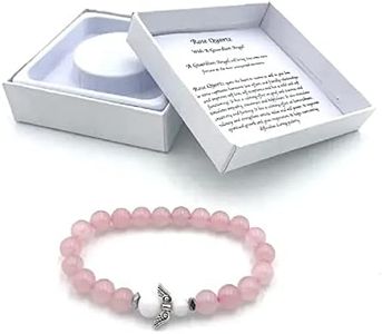 Pulsera de piedras preciosas de cuarzo rosa hecha a mano con ángel de la guarda en caja de regalo | Felicidad Amor Energía Familia, 18 centimeters, Cuarzo rosa