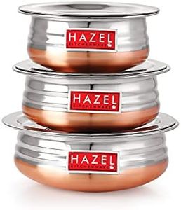 HAZEL Copper Bottom Urli Handi Set With Lid Cover | 3 Pieces Stainless Steel Cookware Set Serving Cooking Tope Bowl for Kitchen | Copper Bottom Vessels for Cooking