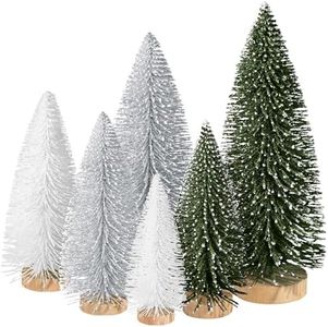 KPX 6pcs Mini Christmas Trees Christmas Decor, Artificial Christmas Mini Bottle Brush Trees Tabletop, Christmas Decoration Trees with 4 Size Xmas Holiday Decor (6pcs Green+Silver+White)