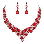 BriLove Women's Wedding Bridal Austrian Crystal Teardrop Cluster Statement Necklace Dangle Earrings Set Ruby Color Silver Tone