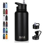 HASLE OUTFITTERS 32 oz Insulated Water Bottle Stainless Steel Double Walled Vacuum Sports Water Bottle with 2 Lids (Straw and Spout Lid) for Gym Camping Hiking(Black,1)