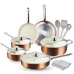 FRUITEAM Nonstick Pots and Pans Set, Cookware Set Non-Stick Ceramic Coating Cooking Set, Induction Pots Pans Set with Lids, Heavy Duty Stainless Steel Handles, Induction, Oven, Gas, Stovetops, 6 Pcs