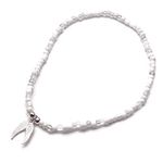 Angel Wings Anklet - White Glass Seed Bead Mix with Silver Tone Charm - Elastic Anklet Plus and Standard Size Choice (XL 12 inches)