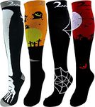 4 Pair Small/Medium Extra Soft Premium Quality Colorful Moderate Graduated Compression Socks 15-20 mmHg. Nurses, Running, Travel, Knee-High, Mens & Womens Comfort Blend. Halloween Dress Up Designs