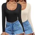 Ekouaer 2 Pack Women's Scoop Neck Long Sleeve Shirts Slim Fit Tops Thermal Shirts Basic Tight Undershirts XS-XXL