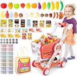 deAO Kids Shopping Cart Trolley Play Set with Pretend Food and Accessories Grocery Shopping Cart Pretend Play and Role-Playing Games (Pink)