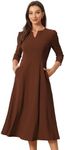 Allegra K Women's Elegant V Neck Pockets 3/4 Sleeve Work A-Line Dress Dark Brown X-Large