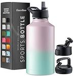 FineDine Triple Walled, Insulated Water Bottles with Straw - 64 Oz Stainless Steel Metal Bottle W/ 3 Leak Proof Lids - For Travel, School, Sports, Gym / Men, Women & Kids - Dreamy Pink-Green