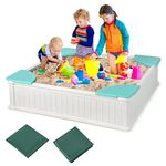 HONEY JOY Sandbox with Cover, 6FT Oval Sand Pit Play Station for Backyard, 4 Built-in Seating & Bottom Drainage Liner, All Weather Resistant Sand Boxes for Kids Outdoor with Lid (Square White)