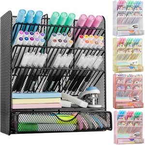 Spacrea Metal Pen Organizer, Pencil Holder for Desk, Desk Organizer with Drawer for School, Home, Art Supplies (Black)