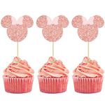 Gyufise 36 Pack Mouse Inspired Cupcake Toppers with Pink Bow Rose Gold Glitter Mini Cupcake Picks Decorations for Baby Shower Wedding Kids Birthday Party Supplies