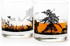 Black Lantern Whiskey Glass Set of 2 - Old Fashioned Heavy Base Rock Glasses - Low Ball Glasses for Bourbon Scotch and Whisky - Two Premium 11oz. Everyday Drinking Glasses Men Gift (Hunting Landscape)