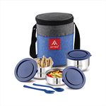 Attro Fresho Stainless Steel Double Wall Lunch Box, Airtight & Leak Proof - 3 Containers with Bag, Fork & Spoon for Office Use, School, Picnic 800 ml - Dark Blue