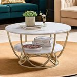 Heritage Crafters Double-Layer Marble-Look Coffee Table with Wrought Iron Storage in a Circular Shape That is Perfect for a Living Room(White Gold)