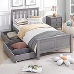 Merax 3ft Single Wooden Solid Pine Storage Bed with Drawers Bed Frame Furniture for Adults, Kids, Teenagers Strong Support Legs With Smooth Finish Gray 190x90cm