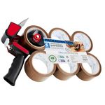 DECO EXPRESS Packaging Tape Dispenser Tape Gun and 6 Rolls Strong Brown Tape Fragile Tape Clear Tape Heavy Duty Tape for Packing Boxes Moving House Essentials (Dispenser Brown, 1 Pack)