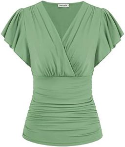 GRACE KARIN 2024 Womens Tops Summer Wrap Blouse V Neck Ruffle Sleeve Dressy Casual Top Ruched T-Shirts, Green