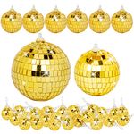 32 Pack Mini Disco Balls Decorations Different Sizes Mirror Ball with Hanging String Small Disco Ball Ornament for Disco Theme Party Cake Topper DJ Club Christmas Wedding Home Decor (Gold)